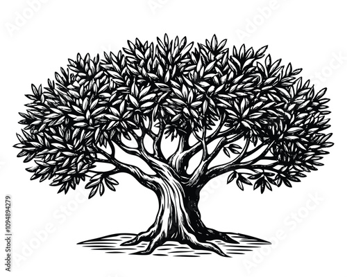 Olive tree with olives on branches. Hand drawn vector illustration in vintage engraving style