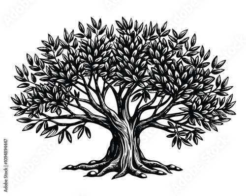 Olive tree with olives on branches. Hand drawn vector illustration in vintage engraving style