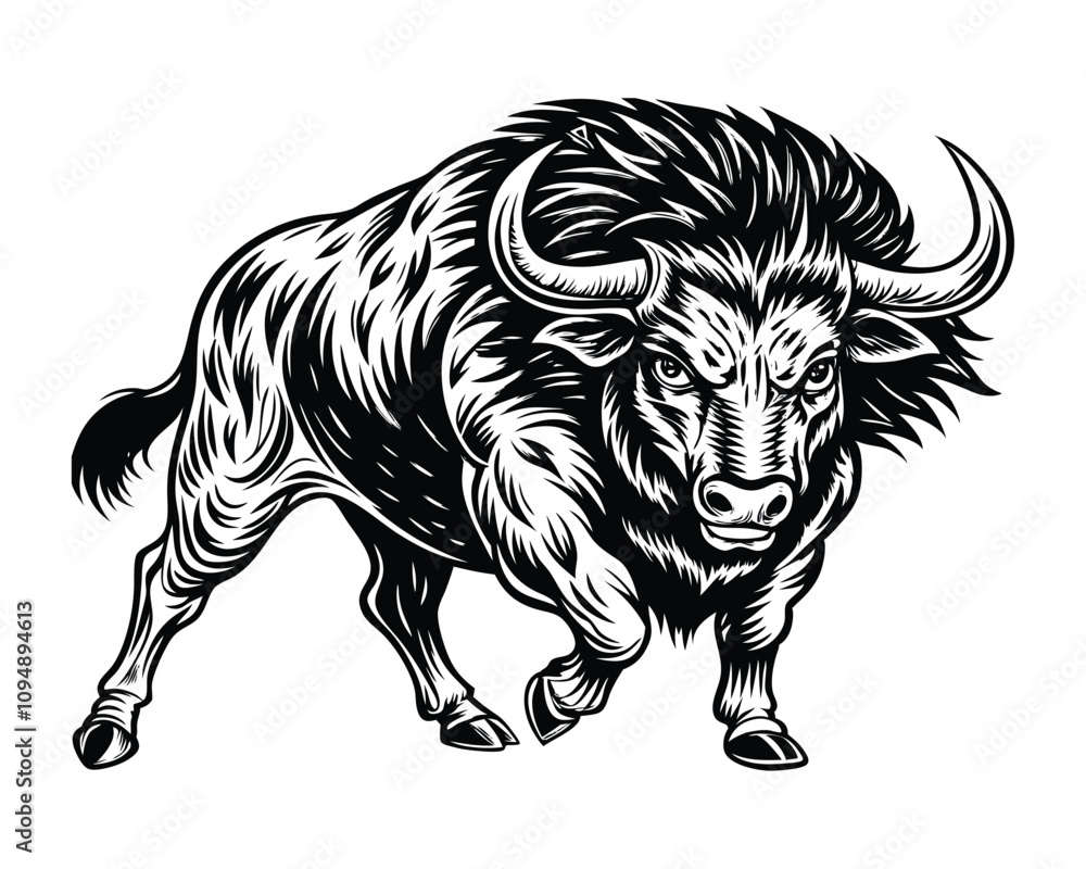 Fototapeta premium Silhouette of a bull charging with head. Engraving style vector illustration, black and white