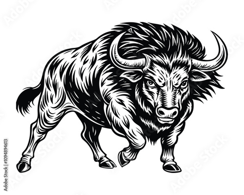 Silhouette of a bull charging with head. Engraving style vector illustration, black and white