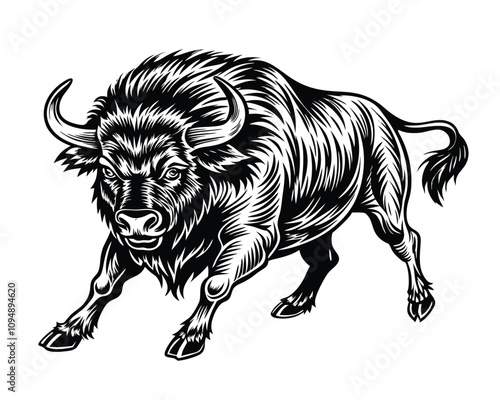 Silhouette of a bull charging with head. Engraving style vector illustration, black and white