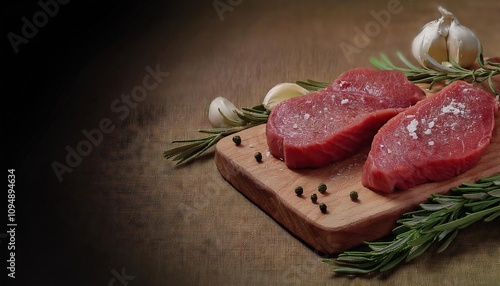 Raw beef steaks seasoned with rosemary, garlic, and peppercorns on a wooden board photo