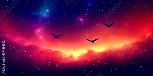 Stunning sunset sky with vibrant colors and silhouetted birds flying gracefully through the evening horizon.