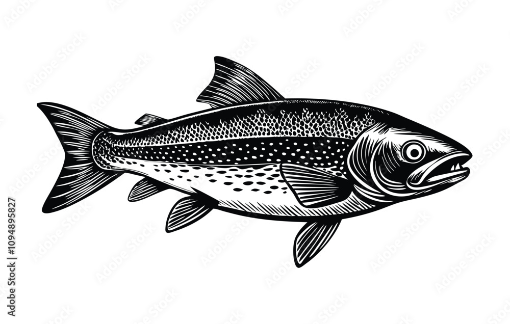 Fototapeta premium Salmon fish seafood sketch ink vector illustration on white background