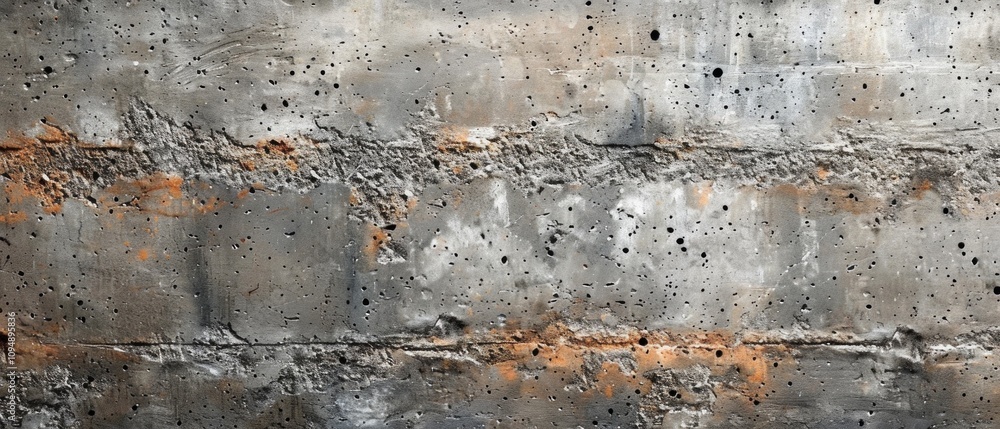 Close-up of an aged, weathered concrete wall with circular holes resembling bullet holes, deep cracks, and red rust from iron oxide, indicating long neglect. Close-up of an aged, weathered concrete wall with circular holes resembling bullet holes, deep cracks, and red rust from iron oxide, indicating long neglect.