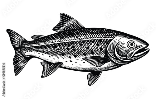 Salmon fish seafood sketch ink vector illustration on white background