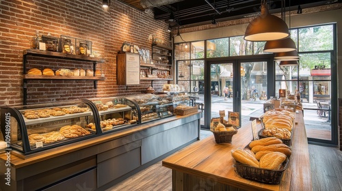 Brightly lit bakery with an inviting atmosphere showcasing an array of baked goods on display. Customers can enjoy freshly made treats in a stylish, rustic space.