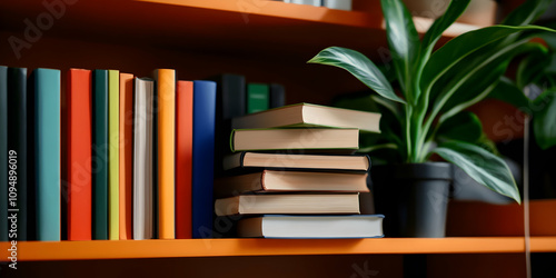 Books on mental health fill a vibrant bookshelf with a plant beside them, creating a cozy and inviting atmosphere for readers seeking support and knowledge photo