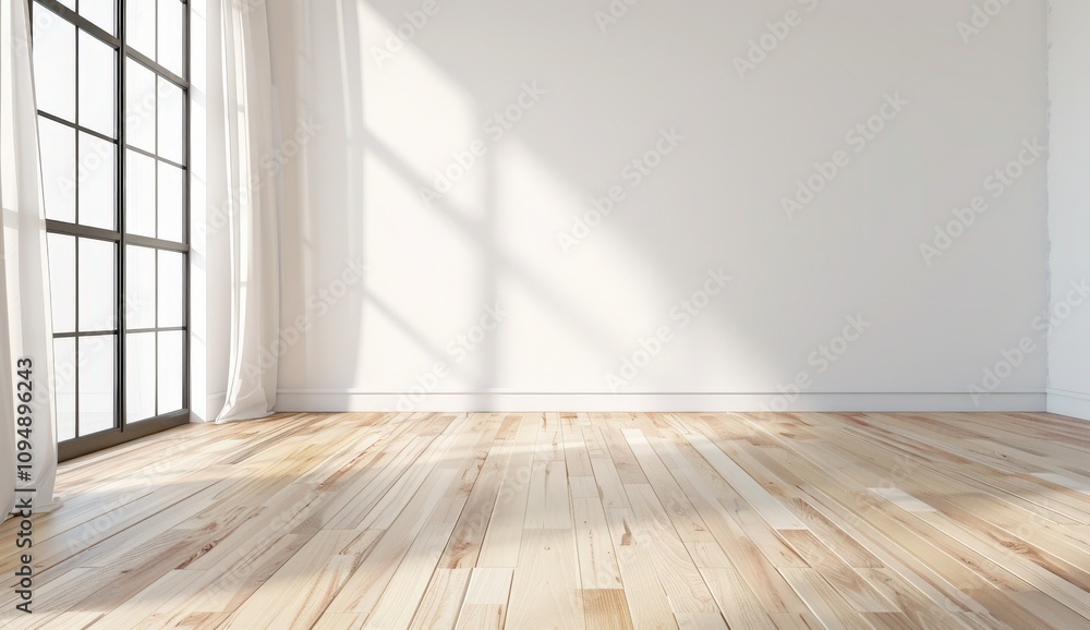 Empty white room with large window and wooden floor, featuring natural light streaming in Empty white room with large window and wooden floor, featuring natural light streaming in