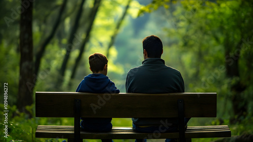 Father and son enjoying a moment of bonding in a serene natural setting while promoting mental health awareness photo