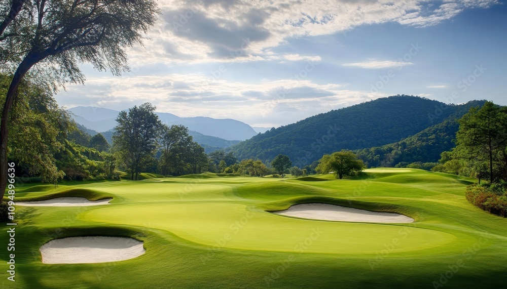 Scenic Golf Course with Lush Green Fairways, Picturesque Mountain Views, and Blue Sky Scenic Golf Course with Lush Green Fairways, Picturesque Mountain Views, and Blue Sky