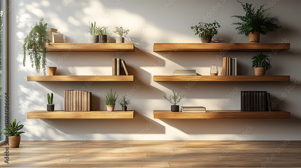 An office space with bright lighting and white walls in a modern, minimalistic style. Widely spaced shelves in light brown and beige tones are neatly arranged with a few books, elegant ornaments. An office space with bright lighting and white walls in a modern, minimalistic style. Widely spaced shelves in light brown and beige tones are neatly arranged with a few books, elegant ornaments.