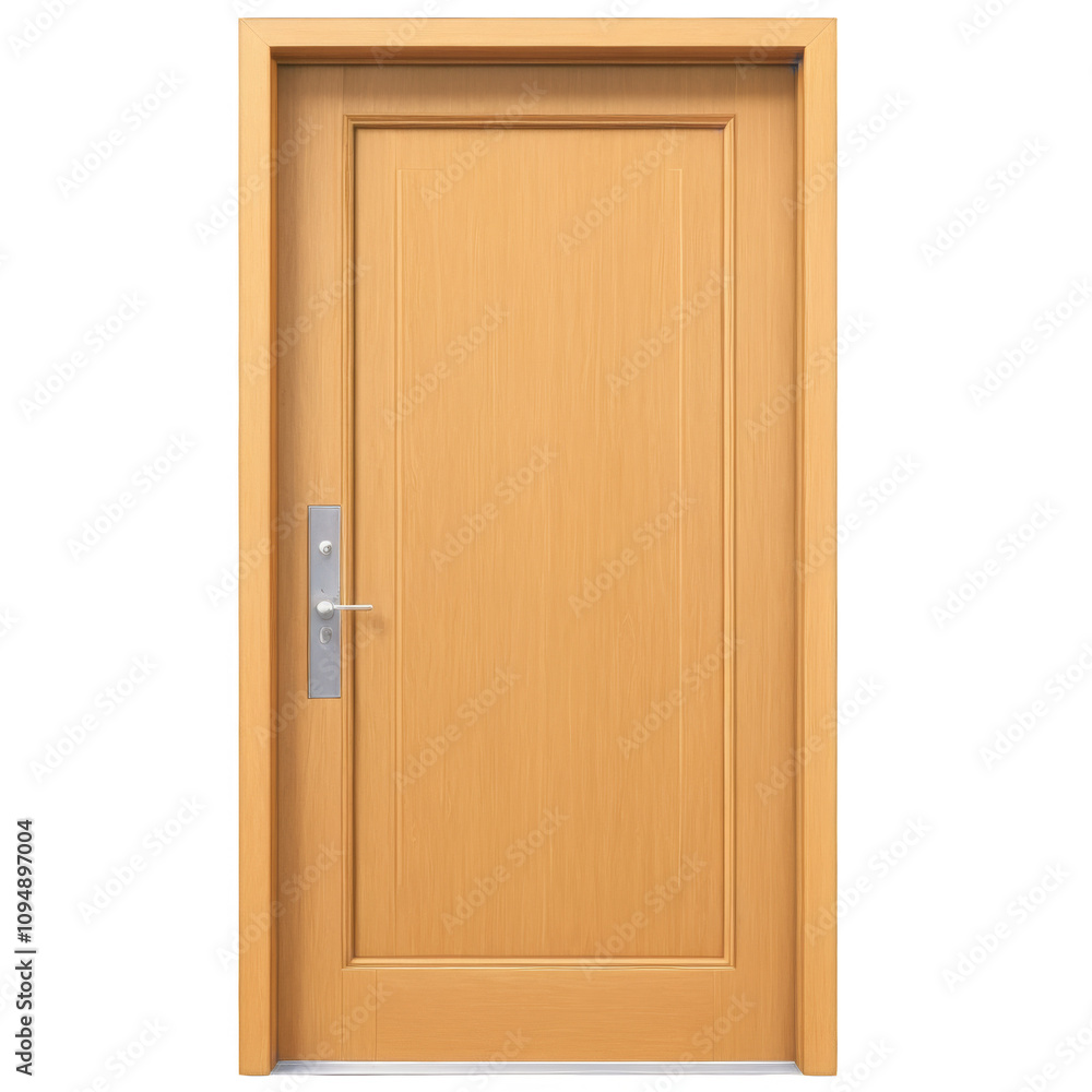 A wooden door with a silver handle and a silver lock. Isolated on transparent background A wooden door with a silver handle and a silver lock. Isolated on transparent background