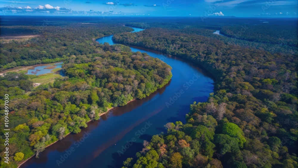 Aerial View of a Winding River Flowing Through a Lush Green Forest Aerial View of a Winding River Flowing Through a Lush Green Forest