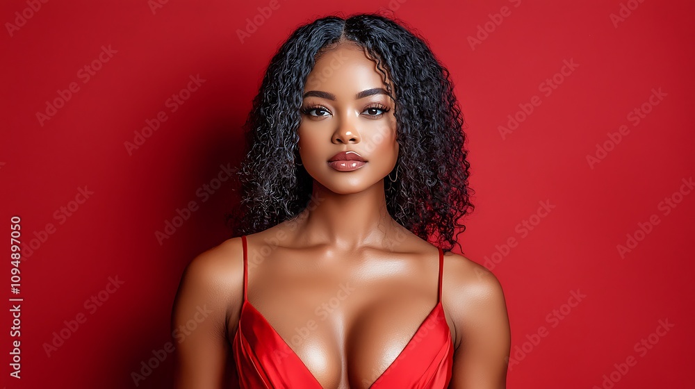 The image features a stunning African American woman exuding confidence and beauty as she poses in a vibrant red dress against a matching red background The image features a stunning African American woman exuding confidence and beauty as she poses in a vibrant red dress against a matching red background