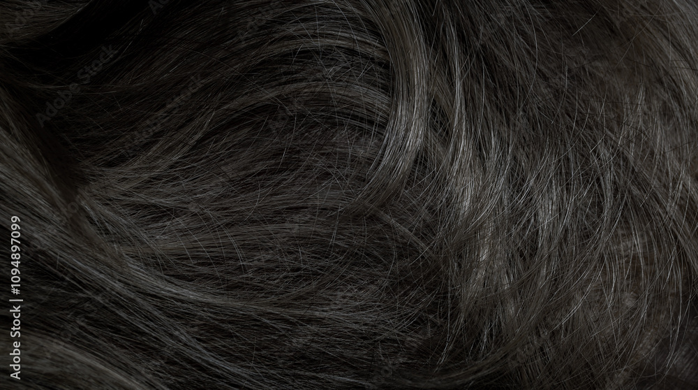 Naklejka premium Brunette or black hair. Female long dark hair in black. Beautifully laid curls. Closeup texture in a dark key. Hairdressing, hair care and coloring. Shading gray hair. Background with copy space.