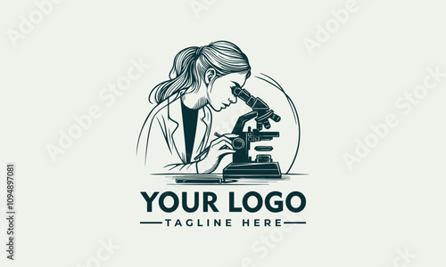 A woman uses a microscope for scientific research Woman with microscope for scientific research. Suitable for science, technology, research, education, biology, and medical concepts in designs