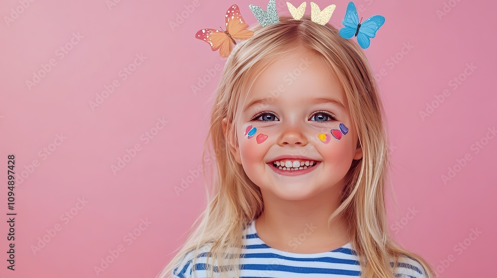 Happy toddler girl with butterfly headband and face paint smiles at camera against pink background. Happy toddler girl with butterfly headband and face paint smiles at camera against pink background.