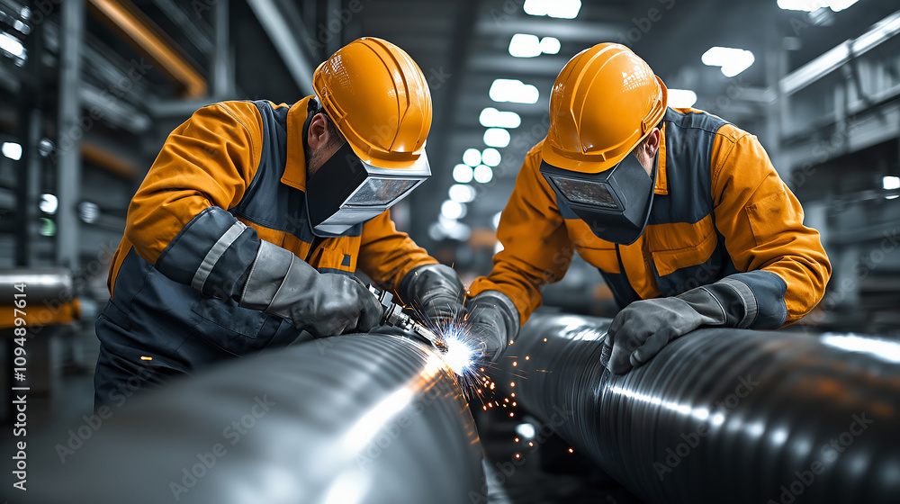 Engineers welding metal pipes in factory, sparks flying with focus Engineers welding metal pipes in factory, sparks flying with focus