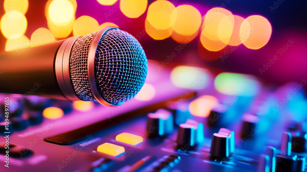 Close-up of a microphone on a vibrant music mixer with colorful bokeh lights creating a lively atmosphere for music production and live performance events. Close-up of a microphone on a vibrant music mixer with colorful bokeh lights creating a lively atmosphere for music production and live performance events.