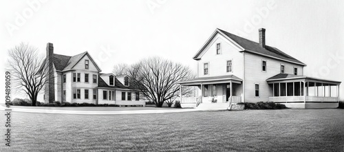 Black and white pencil drawing of American farmhouse with porch, light wood walls, and gray metal roof photo