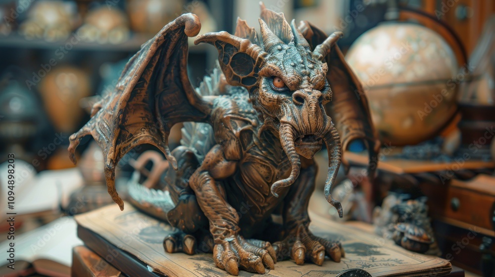 Fototapeta premium A detailed dragon sculpture displayed on a book, surrounded by globes and vintage items.