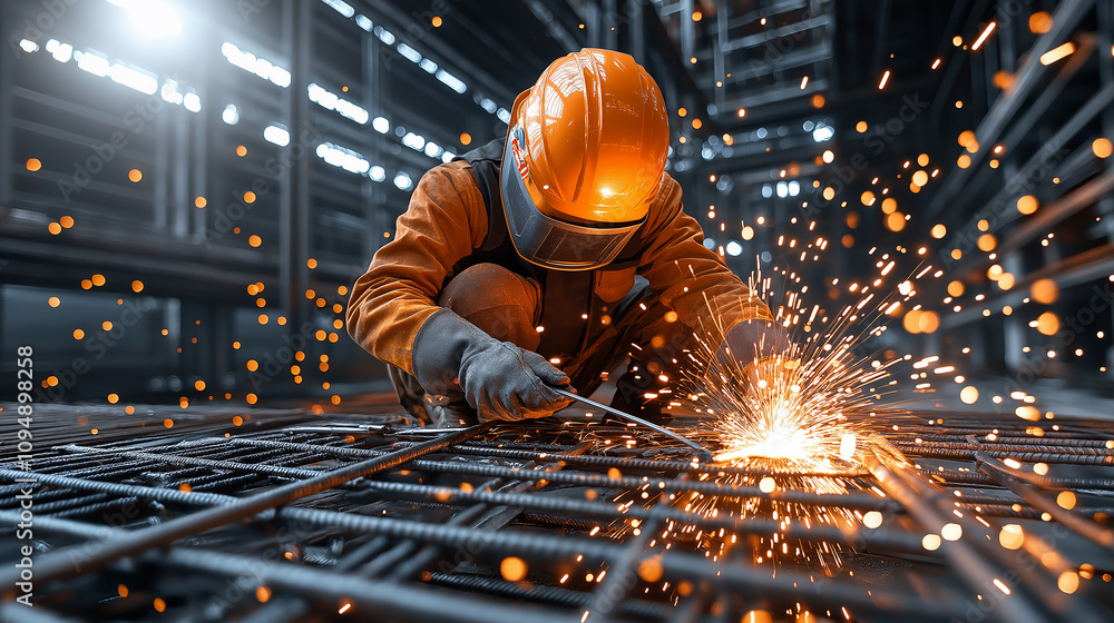 Welder working on metal structure, sparks flying in industrial setting Welder working on metal structure, sparks flying in industrial setting