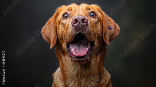 Joyful golden retriever with an open mouth expressing excitement in a serene outdoor setting. Generative AI