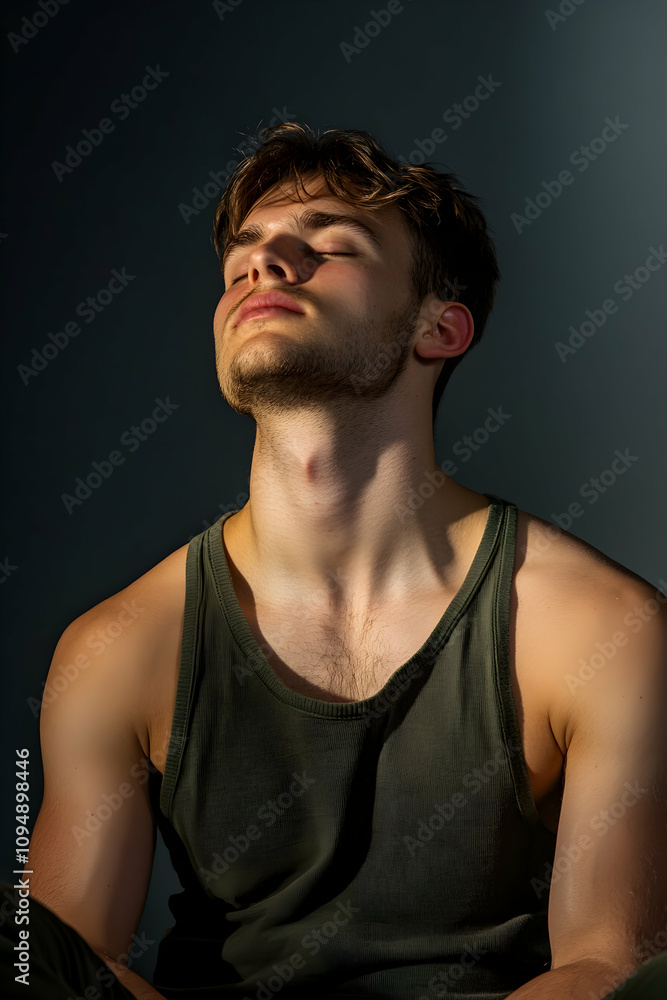 Fototapeta premium Young man practicing mindfulness breathing techniques in a serene indoor setting during daylight hours