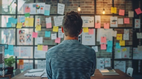 A person sits at a desk, contemplating a wall covered in colorful notes and ideas.