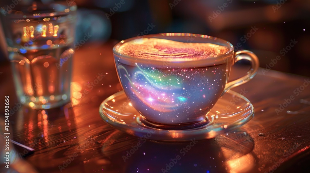 A magical coffee cup filled with a swirling galaxy, creating a whimsical atmosphere. A magical coffee cup filled with a swirling galaxy, creating a whimsical atmosphere.