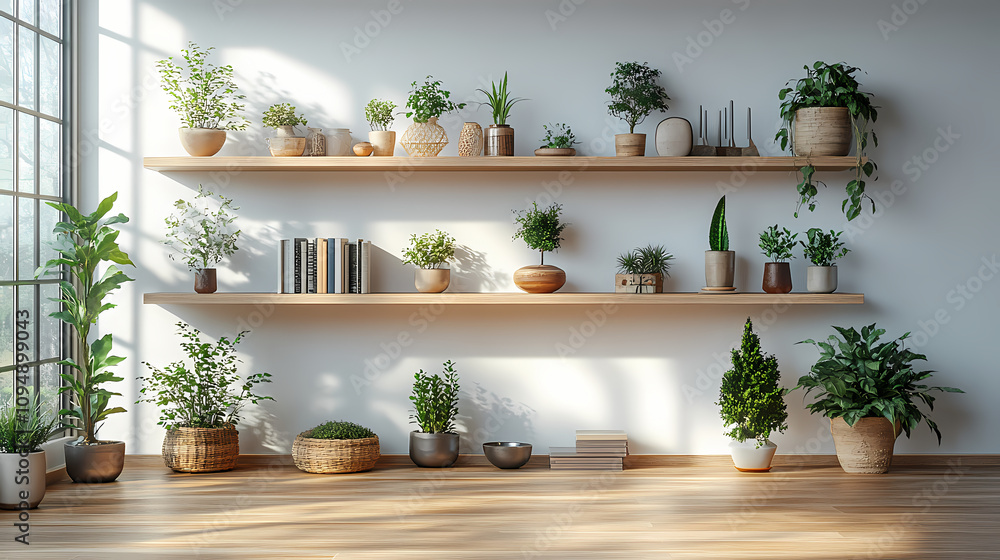 An office space with bright lighting and white walls in a modern, minimalistic style. Widely spaced shelves in light brown and beige tones are neatly arranged with a few books, elegant ornaments. An office space with bright lighting and white walls in a modern, minimalistic style. Widely spaced shelves in light brown and beige tones are neatly arranged with a few books, elegant ornaments.