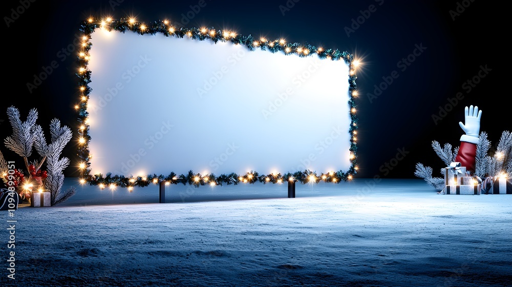 Blank billboard illuminated by twinkling Christmas lights and festive wreaths, perfect for New Year ads, Santa Claus waving in the distance, vibrant holiday scene Blank billboard illuminated by twinkling Christmas lights and festive wreaths, perfect for New Year ads, Santa Claus waving in the distance, vibrant holiday scene
