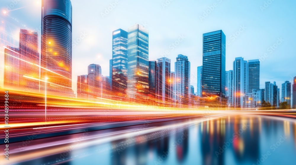 Power grid with city in background at night, buildings illuminated with blue and green lights, silhouettes of towers black Power grid with city in background at night, buildings illuminated with blue and green lights, silhouettes of towers black