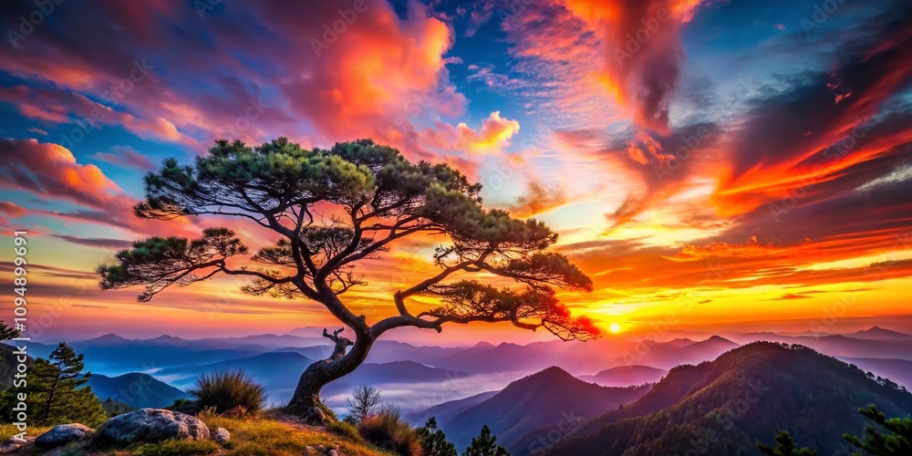 Captivating Mountain Tree Silhouette at Sunset with Dramatic Sky and Vibrant Colors, Perfect for Nature Lovers and Outdoor Enthusiasts Seeking Serene Landscapes Captivating Mountain Tree Silhouette at Sunset with Dramatic Sky and Vibrant Colors, Perfect for Nature Lovers and Outdoor Enthusiasts Seeking Serene Landscapes