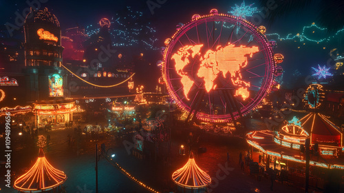 Neon Carnival Night Ferris Wheel World Map Global Travel