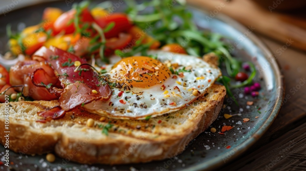 A delicious breakfast plate featuring toast, a fried egg, bacon, and a fresh salad. A delicious breakfast plate featuring toast, a fried egg, bacon, and a fresh salad.