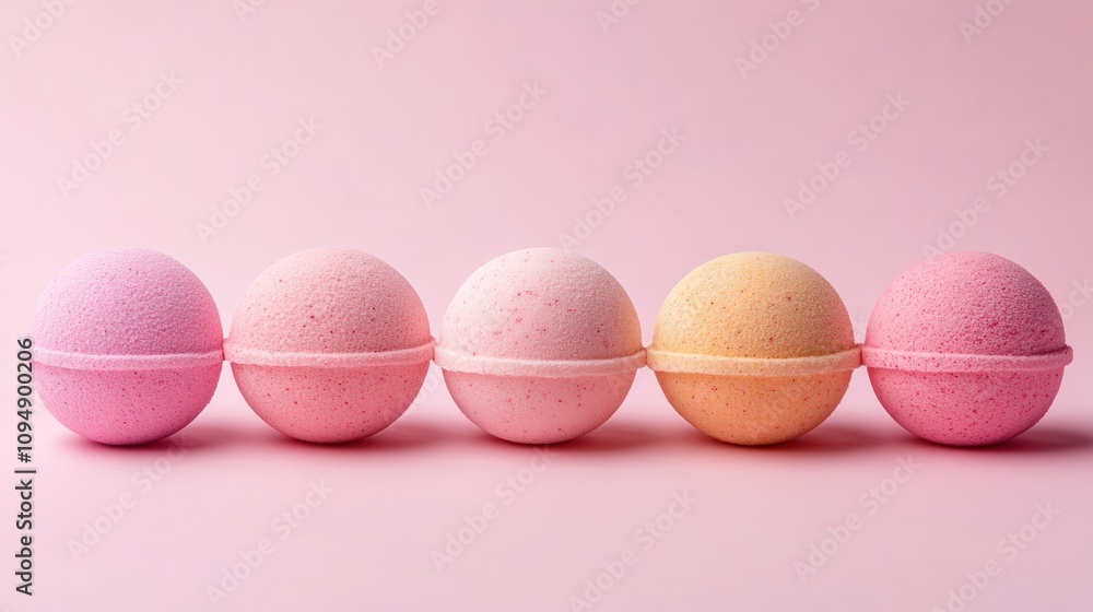 A collection of pastel bath bombs arranged on a pink background A collection of pastel bath bombs arranged on a pink background