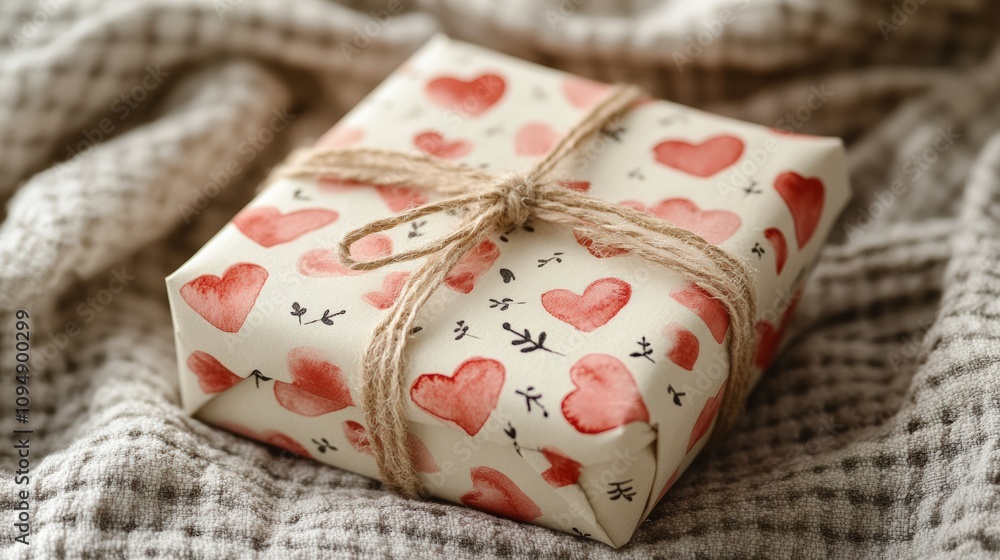 Gift box wrapped in heart-patterned handmade paper with rustic twine bow, placed on a textured fabric background Gift box wrapped in heart-patterned handmade paper with rustic twine bow, placed on a textured fabric background