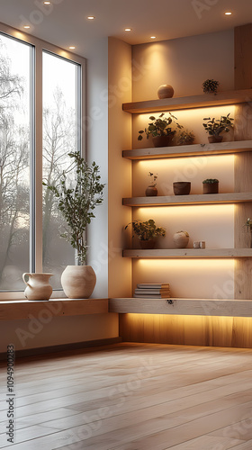 An office space with bright lighting and white walls in a modern, minimalistic style. Widely spaced shelves in light brown and beige tones are neatly arranged with a few books, elegant ornaments.