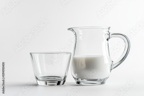 transparant Glass and jug with milk isolated on white background