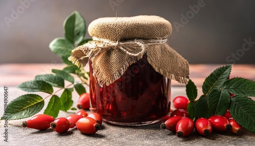  Glass jar of homemade rosehip jam tied with a rustic fabric cover and surrounded by fresh berries and green leaves  photo