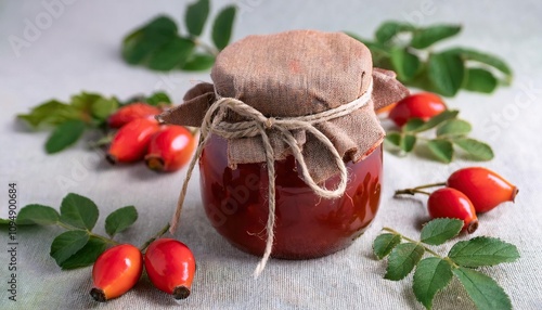  Glass jar of homemade rosehip jam tied with a rustic fabric cover and surrounded by fresh berries and green leaves  photo