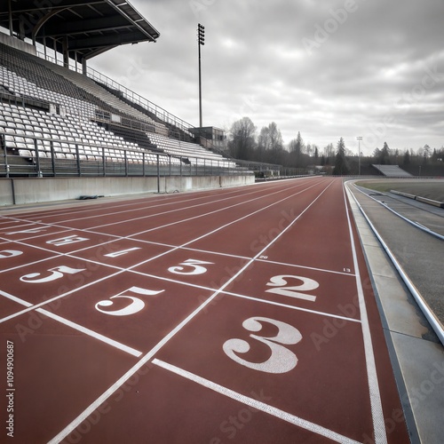 Numbers on red running track. Start and Finish point of a race track in a stadium(Black and white photo) photo