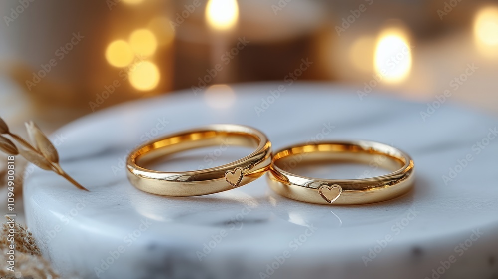 Matching gold rings with subtle heart-shaped designs, placed on a marble tray under soft light. Matching gold rings with subtle heart-shaped designs, placed on a marble tray under soft light.