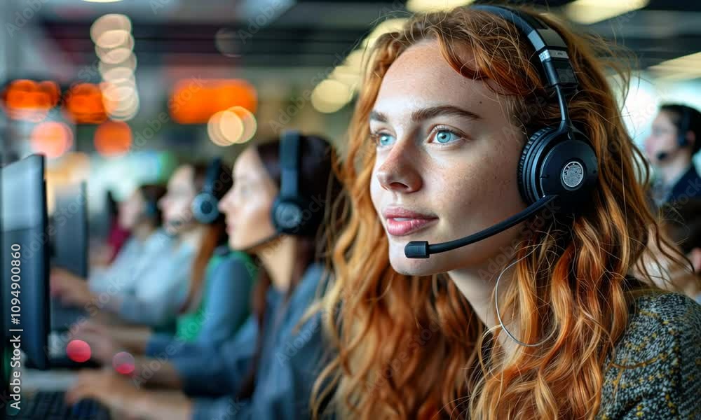 A young woman with red hair wears a headset and looks off to the side, focused on her work in a busy office. A young woman with red hair wears a headset and looks off to the side, focused on her work in a busy office.