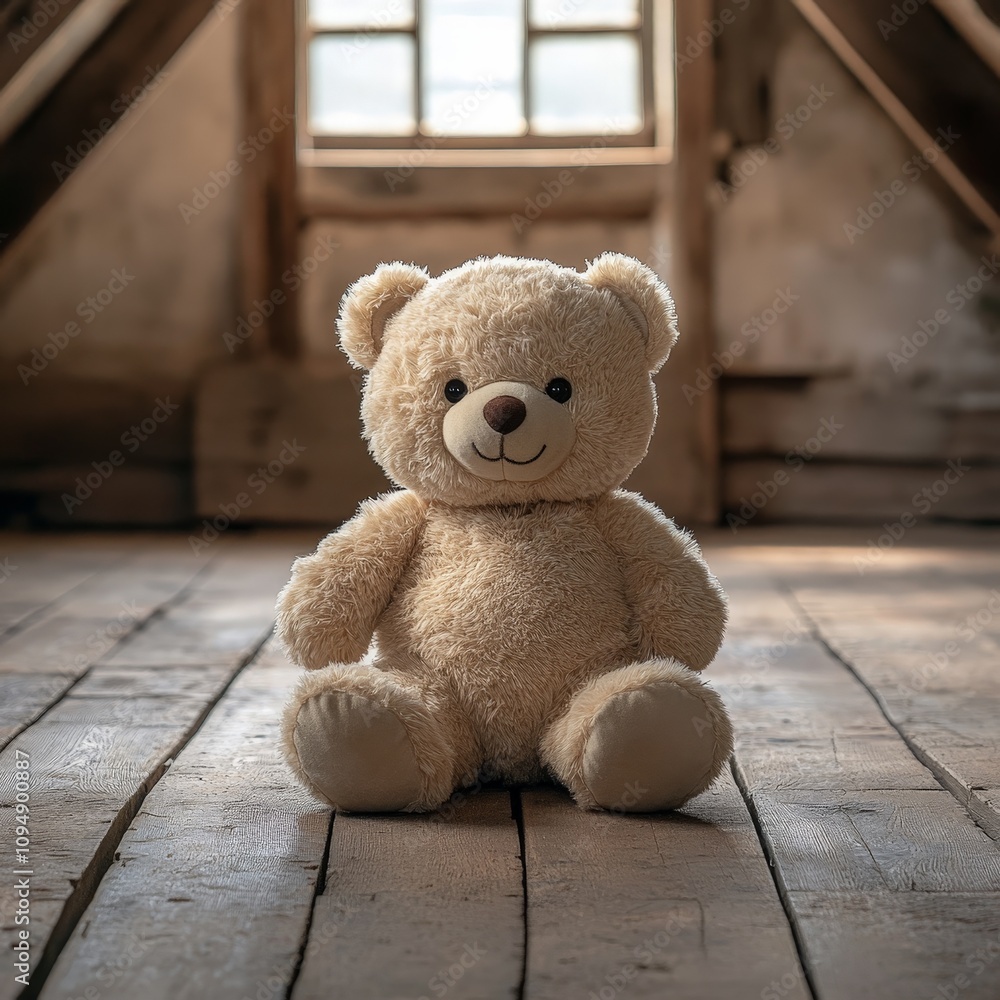 Obraz premium Lonely Teddy Bear in Dusty Attic with Soft Lighting