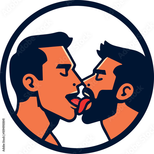 French kiss of 2 gay lovers with tongues in circle. Round graphic LGBT symbol (Vector graphics)