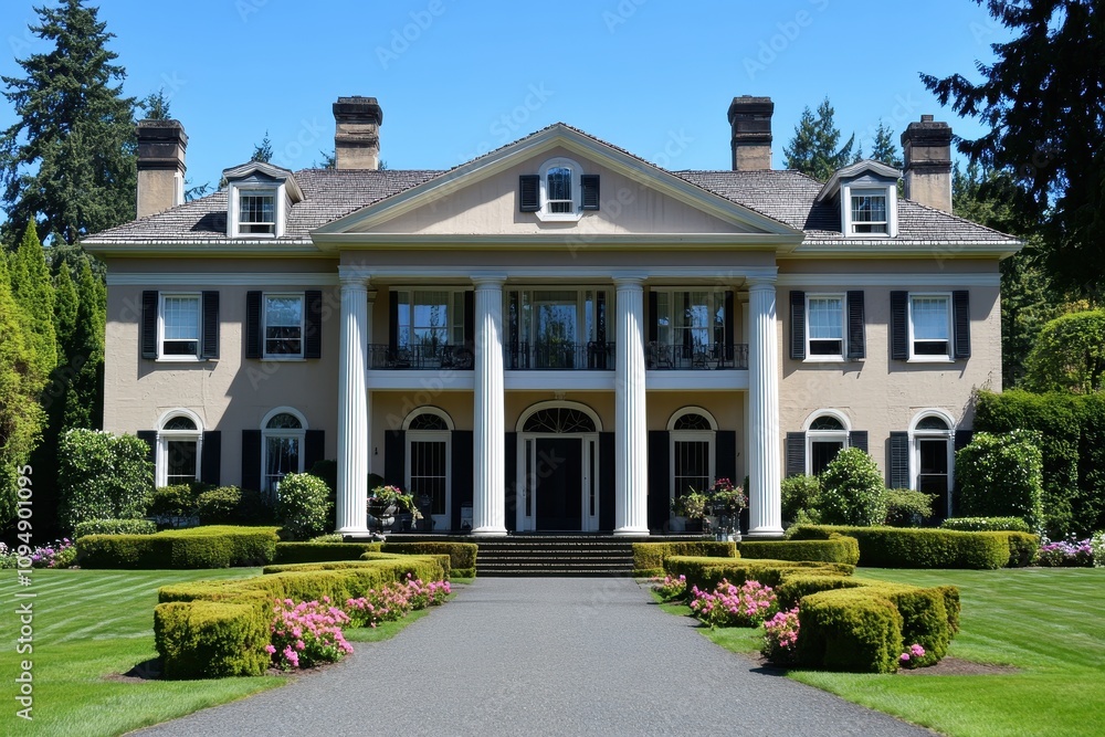 A grand mansion with lush gardens and a symmetrical facade under a clear blue sky. A grand mansion with lush gardens and a symmetrical facade under a clear blue sky.