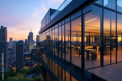 Modern office building with glass facade at sunset, cityscape view with urban skyline in background, corporate business and architecture concept..